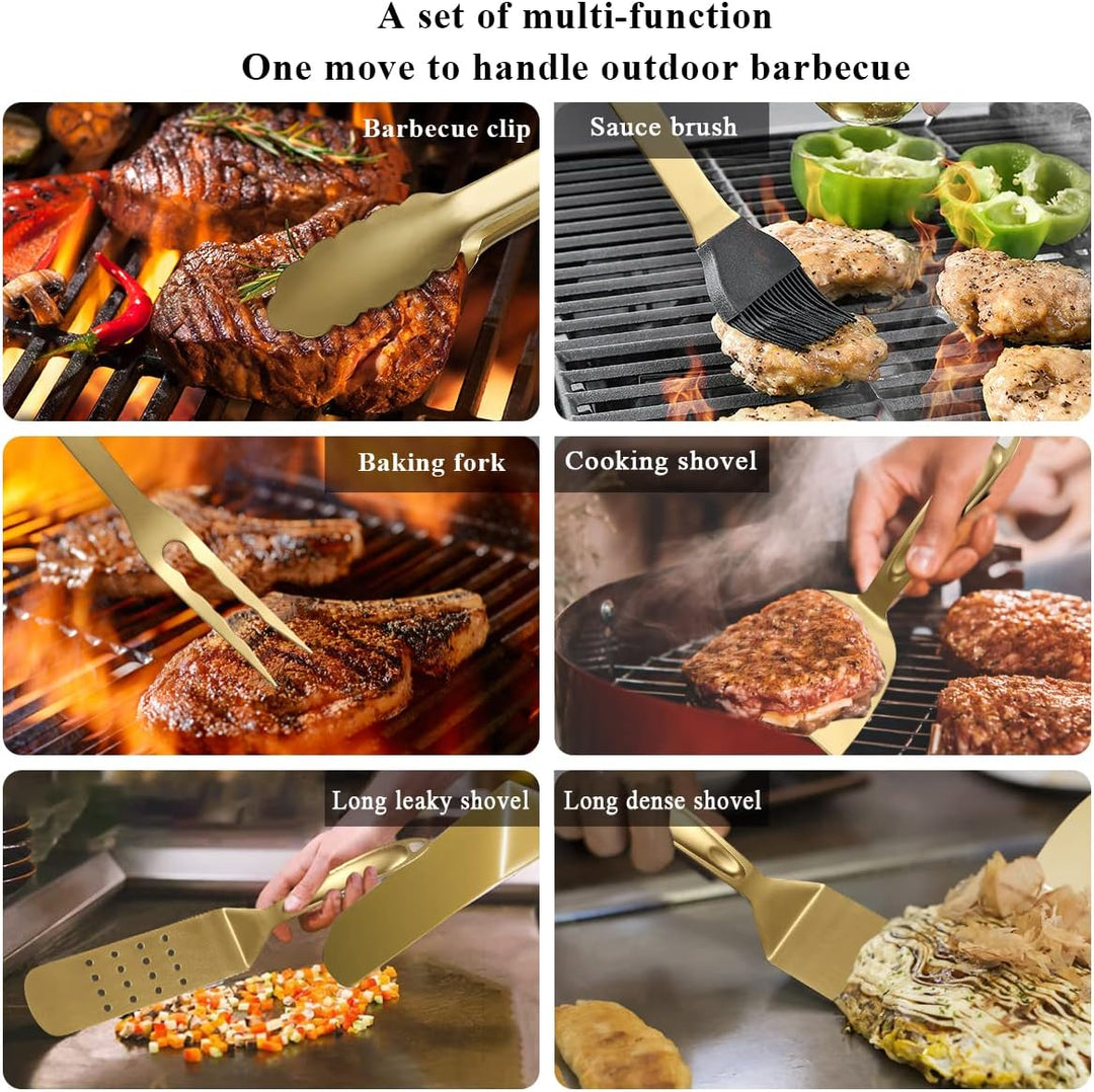 Kyraton Gold Grill Zubehör Kit 9 teilig, Grill Zubehör Set, Titan Gold Beschichtung Edelstahl mit Ba