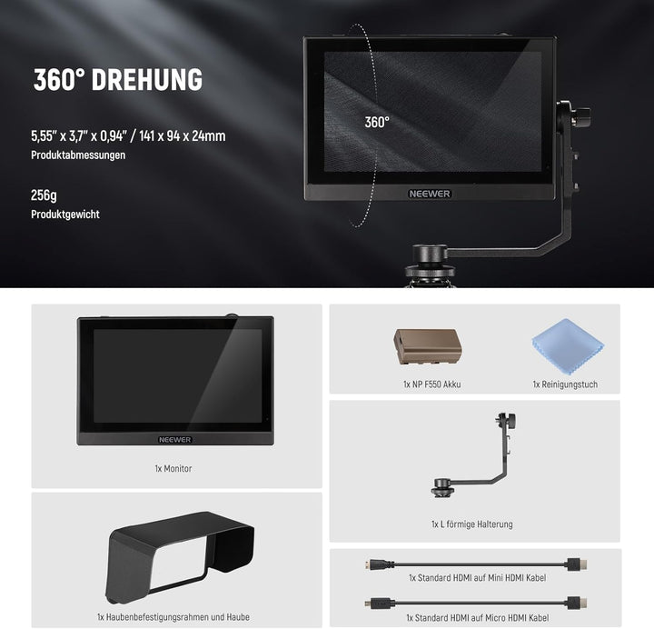 NEEWER F500 5,5" Kamera Feldmonitor, HDR Touchbildschirm mit 3D LUT, Wellenform, Vektorskop, Voll HD
