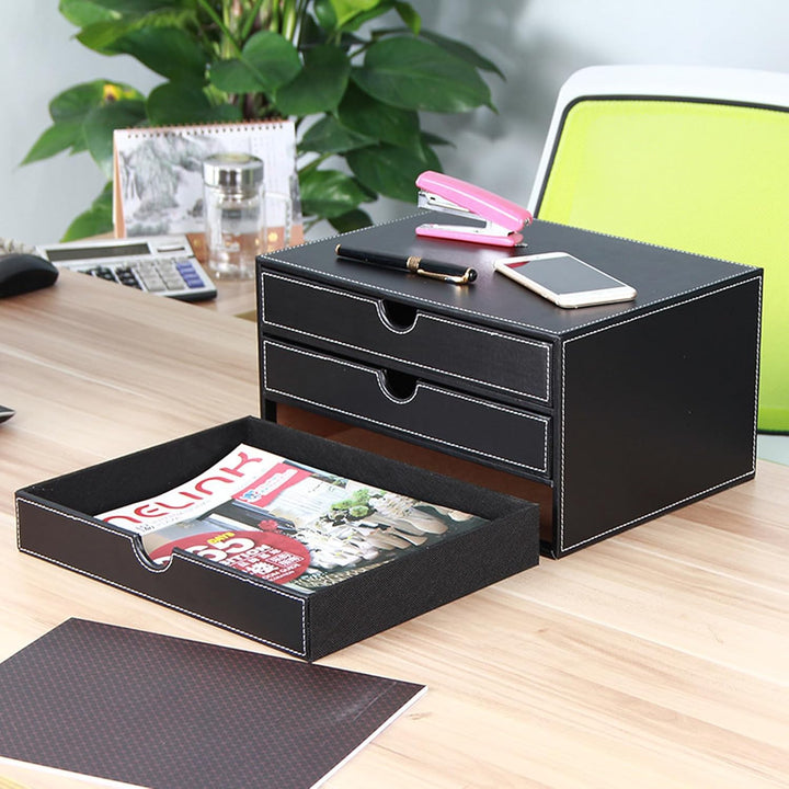 Desktop Leder Schreibtisch Schubladenbox mit 3 Schubladen a4,PU-Leder Schreibtisch organizer Box bür