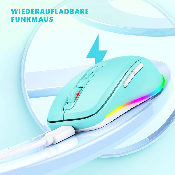 seenda Kabellose Maus mit Jiggler, RGB-Beleuchtung, 2000 DPI, Blaugrün | Wiederaufladbare 2.4G USB V
