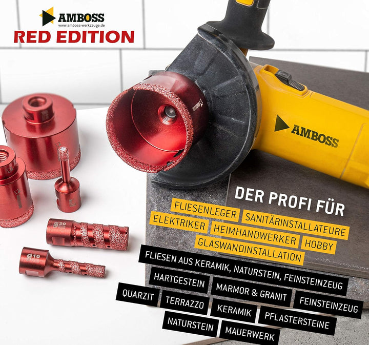Amboss RED EDITION 8 M14 Set Ø 20/25 / 32/35 / 40/50 / 60/68 mm Diamant Bohrkrone - für Winkelschlei