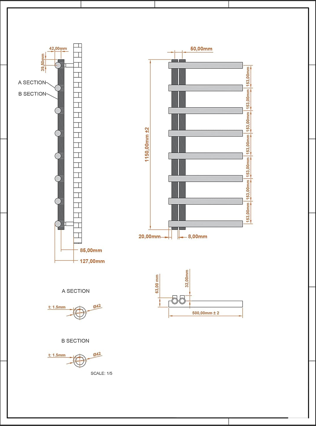 Aspira Home Moderner Design Badheizkörper „Cosy“ - Weiss - Mittelanschluss 1/2“ - 500x1150mm - Handt