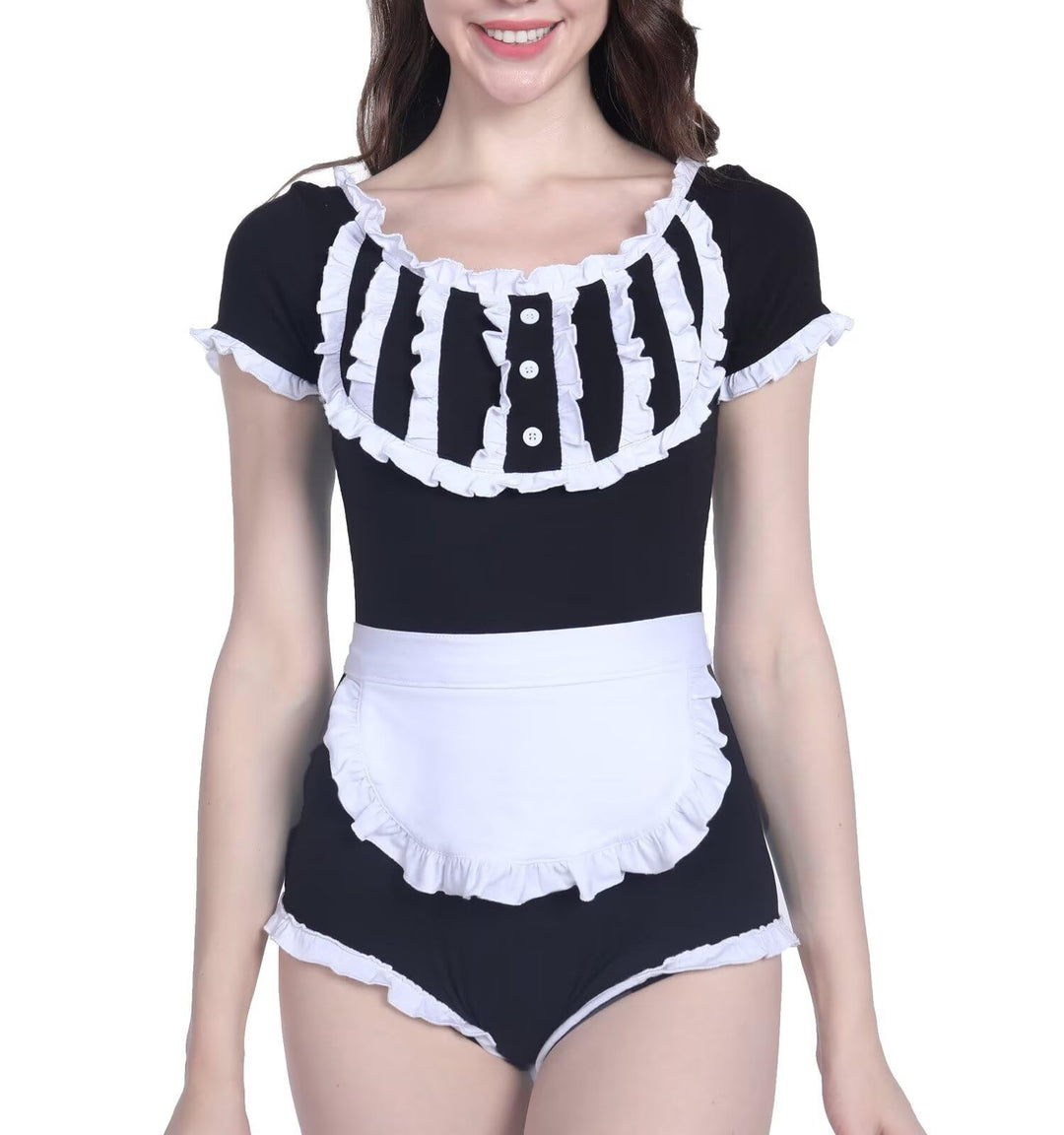 Landofgenie Damen Schwarz Langarm Baumwolle Bodysuit Onesie Pyjamas Maid Outfit Schwarz M, Schwarz M