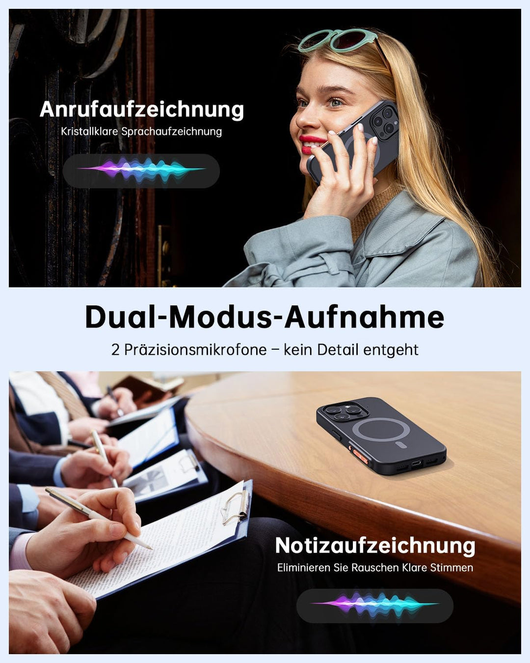 KI Digitales Diktiergerät mit Handyhülle, App-Steuerung, über 80+ Sprachen, Transkribieren und Zusam