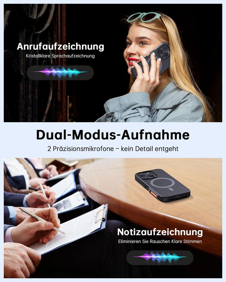 KI Digitales Diktiergerät mit Handyhülle, App-Steuerung, über 80+ Sprachen, Transkribieren und Zusam