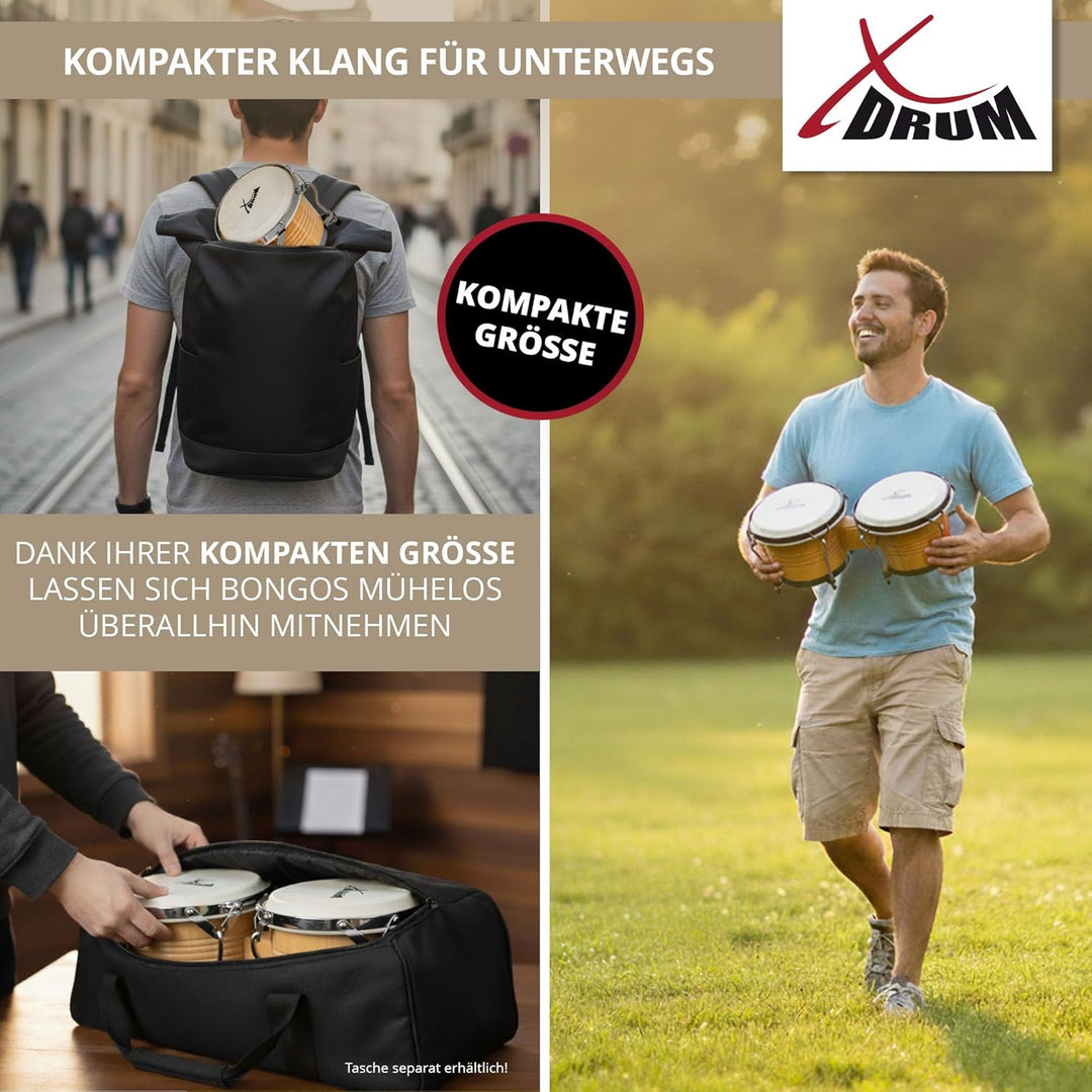 XDrum Bongos Pro Natur - 2 Trommeln mit 6,5" (17 cm) und 7,5" (20 cm) Durchmesser - Bongotrommeln mi