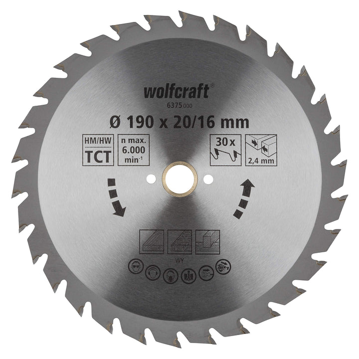 wolfcraft 6375000 | Handkreissägeblatt HM | Serie grün | 30 Zähne | ø190mm | Silber 190 X 16, 190 X