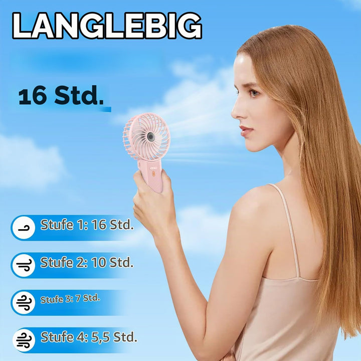 Lepwings Handventilator, Mini Ventilator USB Wiederaufladbar, 5,5-16 Std. Laufzeit, 4 Windgeschwindi