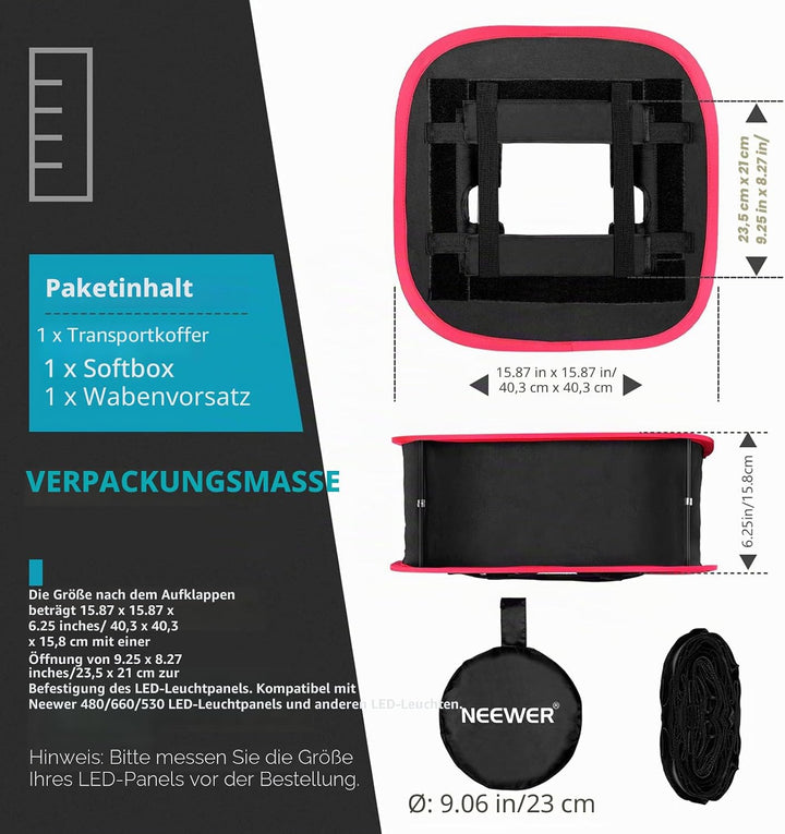 Neewer Softbox Softbox, faltbar, mit Gurt, Gitter und Tragetasche, kompatibel mit Neewer 480/660/530