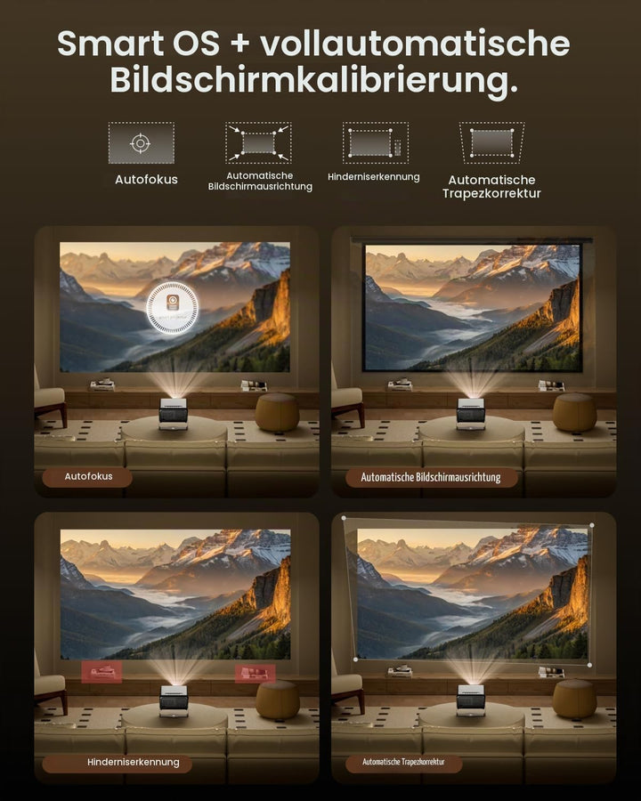 4K Beamer Heimkino 1500 ANSI Lumen Tageslicht Smart Projektor mit Apps, ToF Autofokus &amp; Trapezkorrek