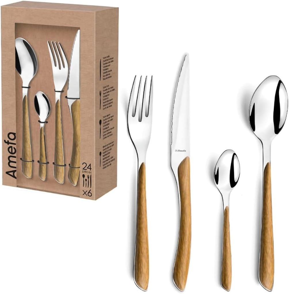 Amefa ECLAT Nature Besteckset, 24-teilig, Besteck Set für 6 Personen, braune Holz-Griffe, Spülmaschi