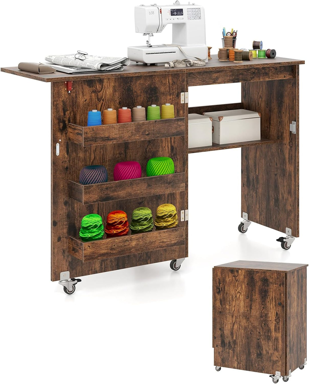 COSTWAY 2 in 1 Nähtisch klappbar, Nähmaschinenschrank aus Holz mit Regalen & Ablagefach, Nähschrank