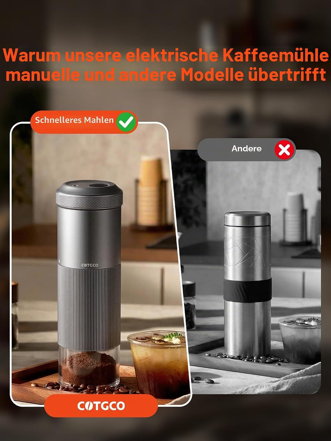 Kaffeemuehle Elektrische Espresso Muehle Klein: COTGCO Tragbare Kaffeebohnen Mühle mit Edelstahl Keg