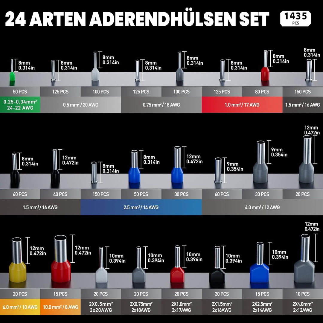 PEBA Crimpzange Aderendhülsen Set, Zange [0,25– 10mm2] mit 24 Stile Aderendhülsen+Abisolierzange, Se