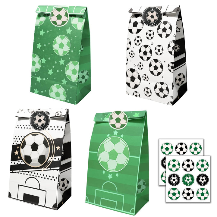 JOYSKY 24 Stück Fussball-Papiertüten mit 27 Aufklebern 4 Muster für Kinder-Weihnachten Halloween Geb