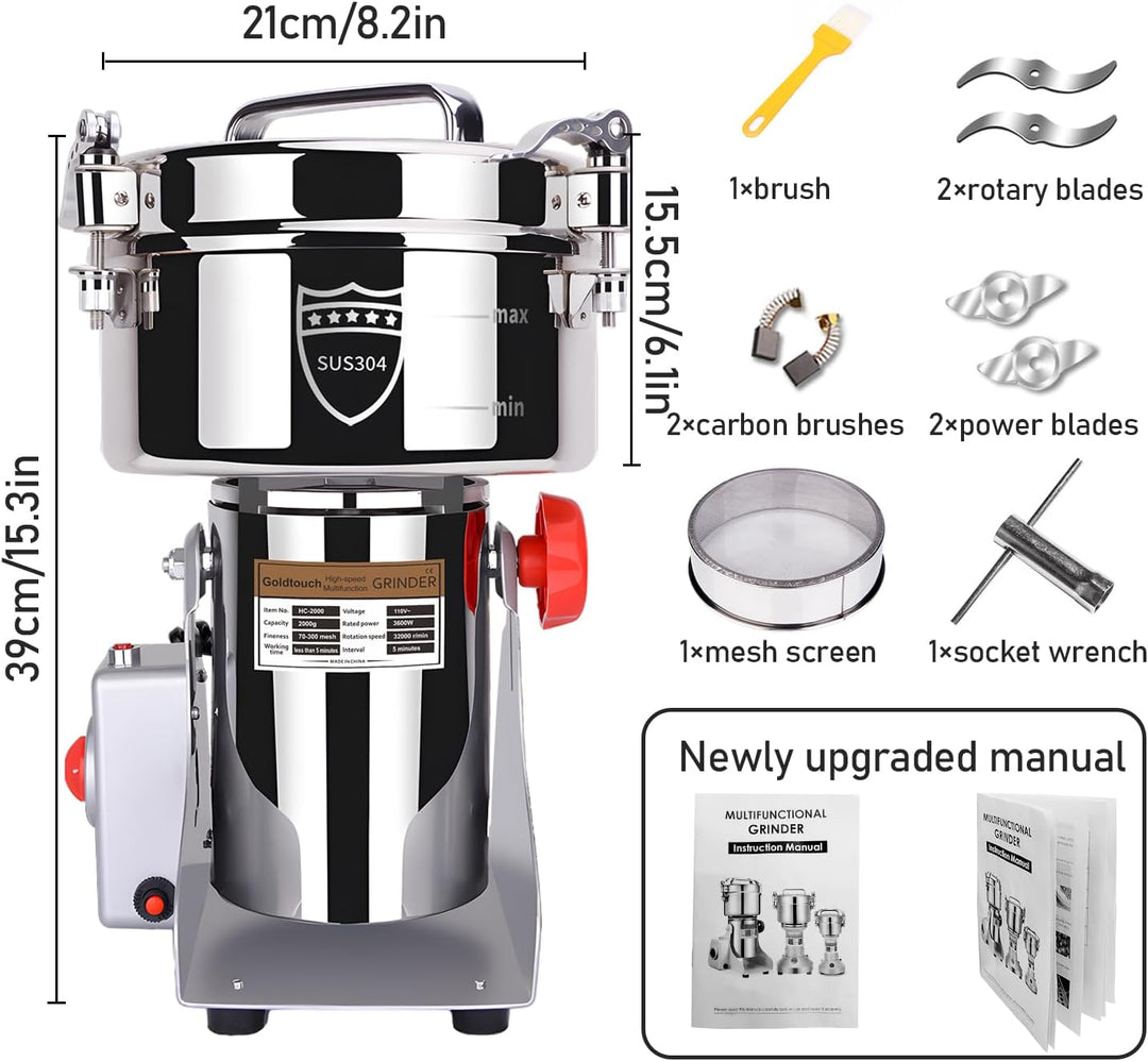Goldtouch GetreidemüHle Elektrische 2000g 3600W Electric Grain Mill 32000U/min 304 Edelstahl Kommerz