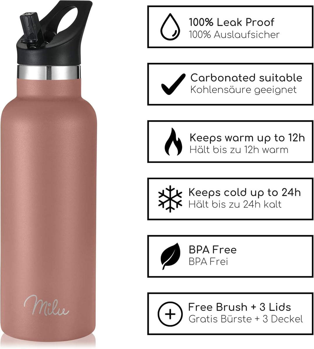 Milu Edelstahl Trinkflasche 350ml 500ml 750ml 1000ml (+3 Deckel) - Thermosflasche mit Strohhalm, Iso