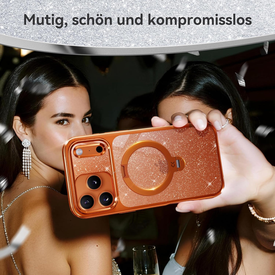 CASEKOO Glitzer Orange für iPhone 17 Pro Max Hülle für MagSafe [360 Drehständer] [Kameraschutz & Mil
