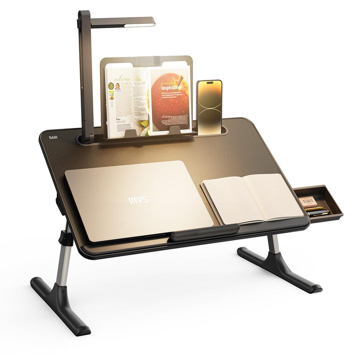 Tisch Bett Laptoptisch, SAIJI Bett Tisch mit LED Lampe, Höhen Winkel verstellbar, mit Buchständer, S