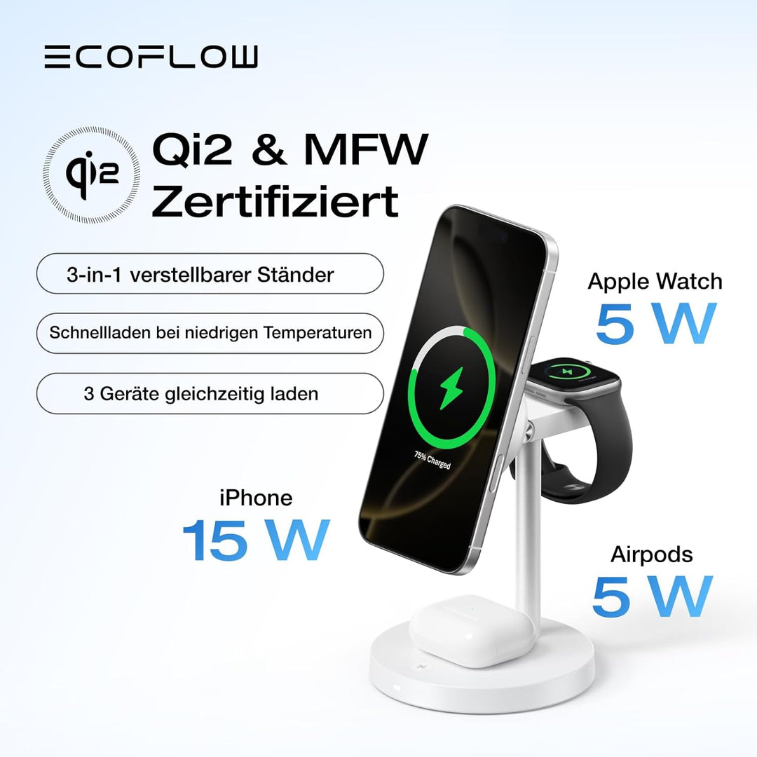 EcoFlow 3 in 1 Qi2 Magsafe Apple Ladestation mit Verstellbarer Ständer, Kabellose iPhone Ladestation