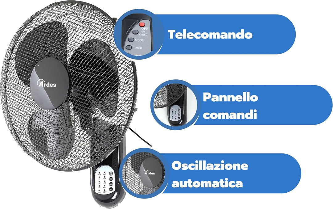 ARDES - AR5W40R Wandventilator mit 3 rotierenden Flügeln (40 cm), Fernbedienung, automatische Oszill