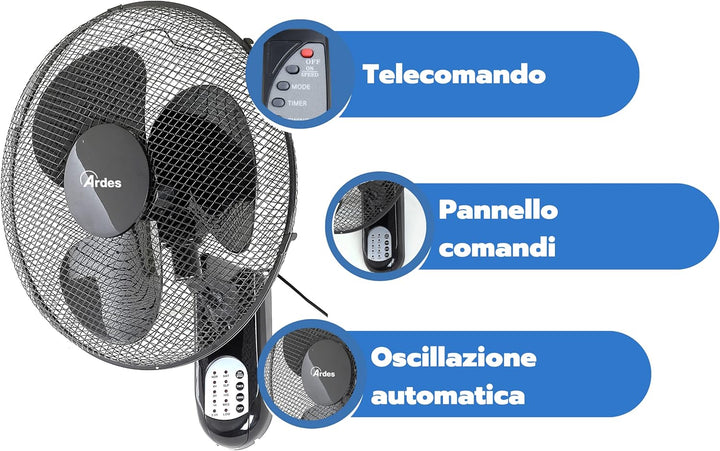 ARDES - AR5W40R Wandventilator mit 3 rotierenden Flügeln (40 cm), Fernbedienung, automatische Oszill