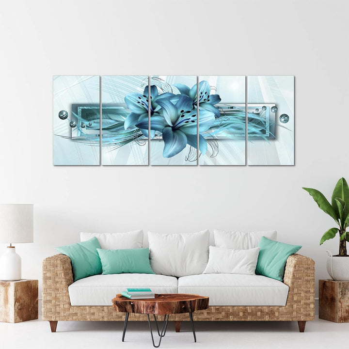Runa Art Wandbild XXL Blumen Lilien Wohnzimmer Schlafzimmer 200 x 80 cm Türkis 5 Teilig - Made in Ge