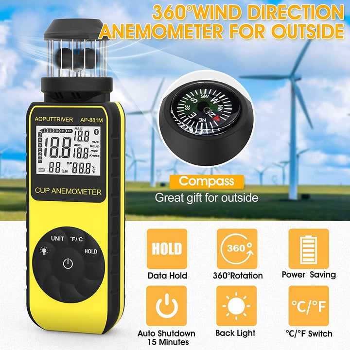 Digitaler Anemometer Handheld AP-881M Windmesser Anemometer mit 360°Windrichtung Wind Cup Anemometer