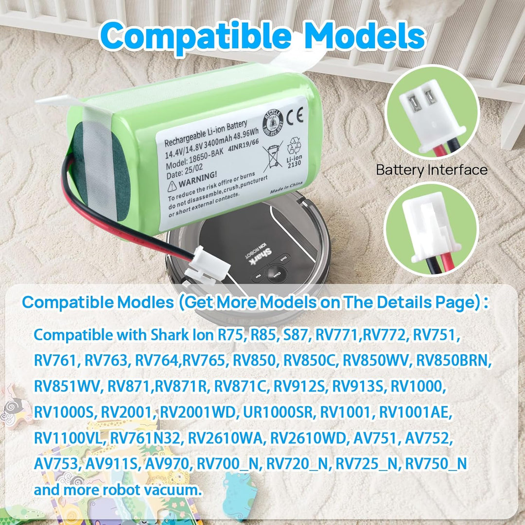 14,4 V 3400 mAh RVBAT850 Akku Kompatibel mit Shark Ion Robot RV1001AE, R75, R85, R761, S87, RV751, R