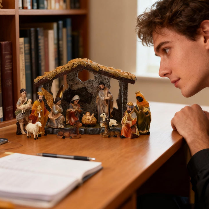 Murman 12pcs Weihnachtskrippe Komplettset Holz Mit 11 Figuren, Handbemalt Krippe Weihnachten Aus Har