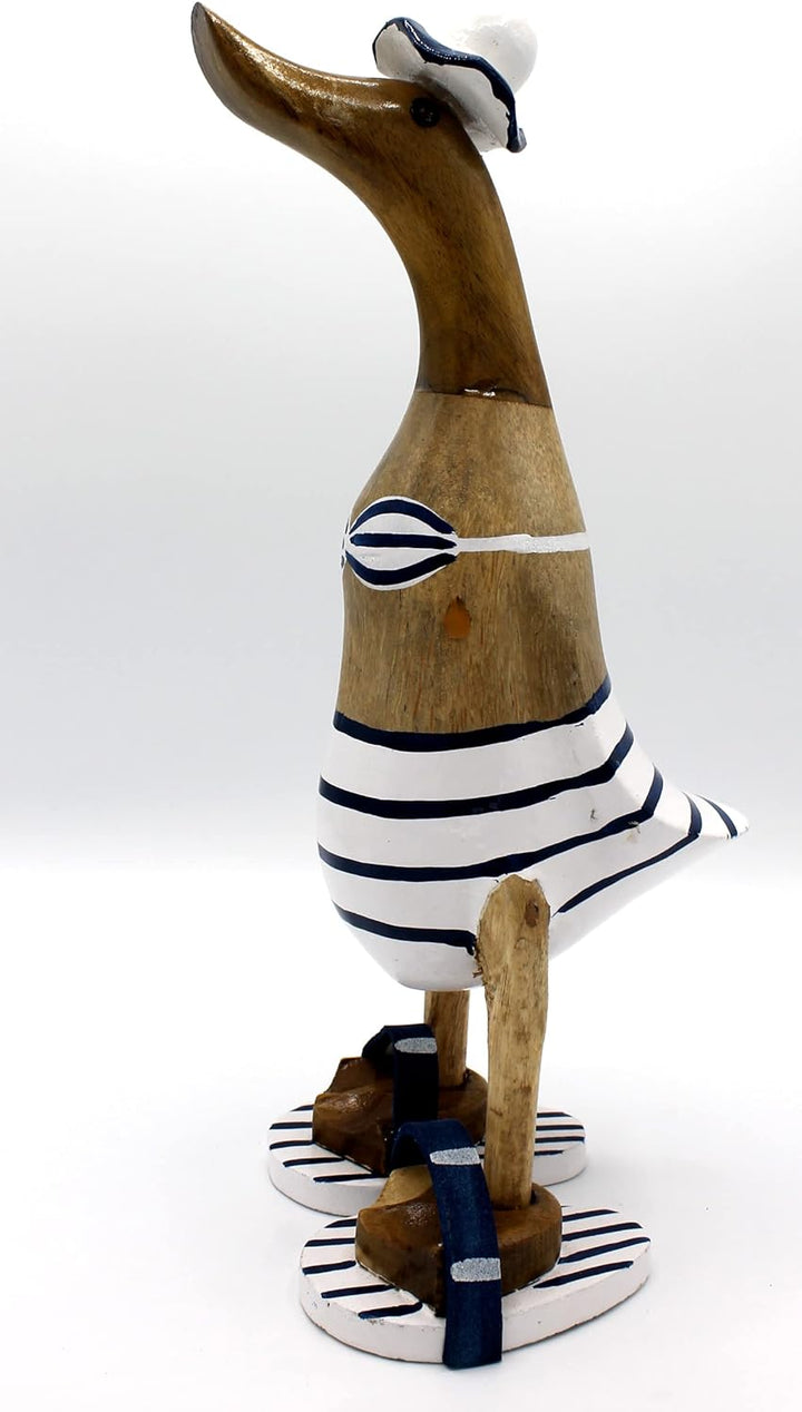 Deko Ente zur Dekoration Laufente aus Holz mit Bikini 27 cm blau Weiss Geringelt