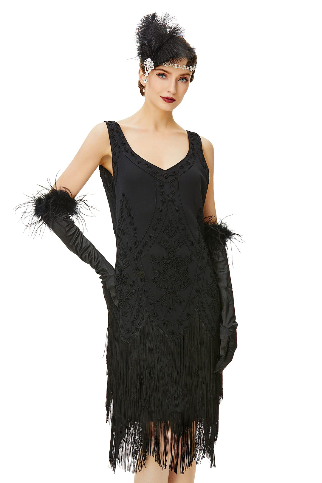 BABEYOND 1920s Kleid Damen Flapper Kleid ohne Ärmel V Ausschnitt Knielang Charleston Kleid Gatsby Mo