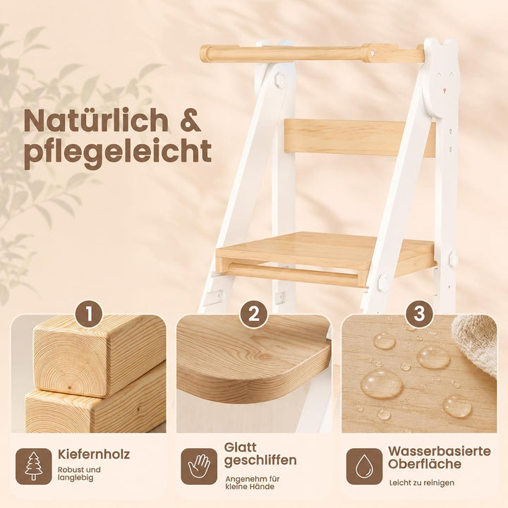 Lernturm Klappbar &amp; 3-Fach Höhenverstellbar - Kippsicherer Learning Tower aus Kiefernholz - Mitwachs