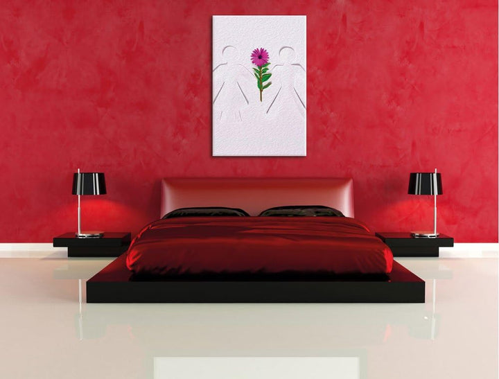 Pixxprint Strichmännchen mit Blume schwarz/weiss, Format: 80x120 auf hochkantiges Leinwand, XXL ries