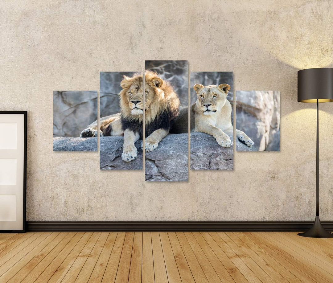 islandburner Bild Bilder auf Leinwand Löwenpaar männlicher und weiblicher Löwe, der auf einem Felsen