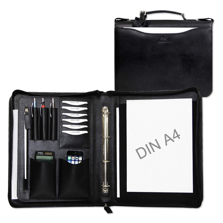 ALMADIH Leder A4 Aktenmappe mit Reissverschluss, Tragegriff und Ringmechanik Premium Rindsleder SCH