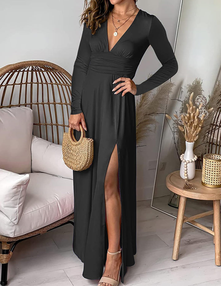 Damen Kleid Elegant V Ausschnitt Langarm Kleider Herbst Winter wickelkleid Hohem Schlitz Lange Abend