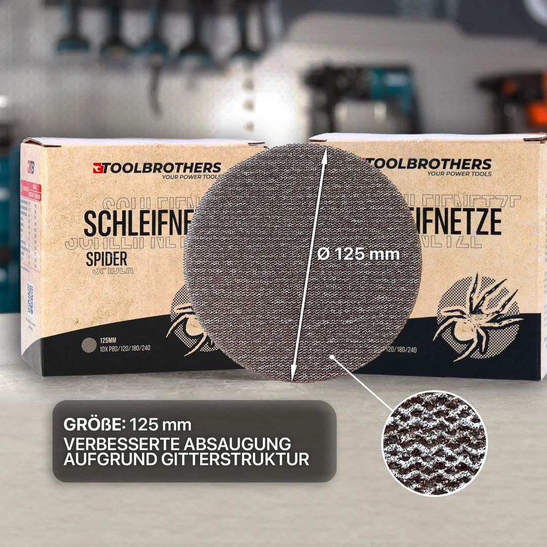 Toolbrothers SPIDER Schleifset Netzschleifmittel 2 Packungen 80x Schleifnetze 125mm Klett je 20x P80