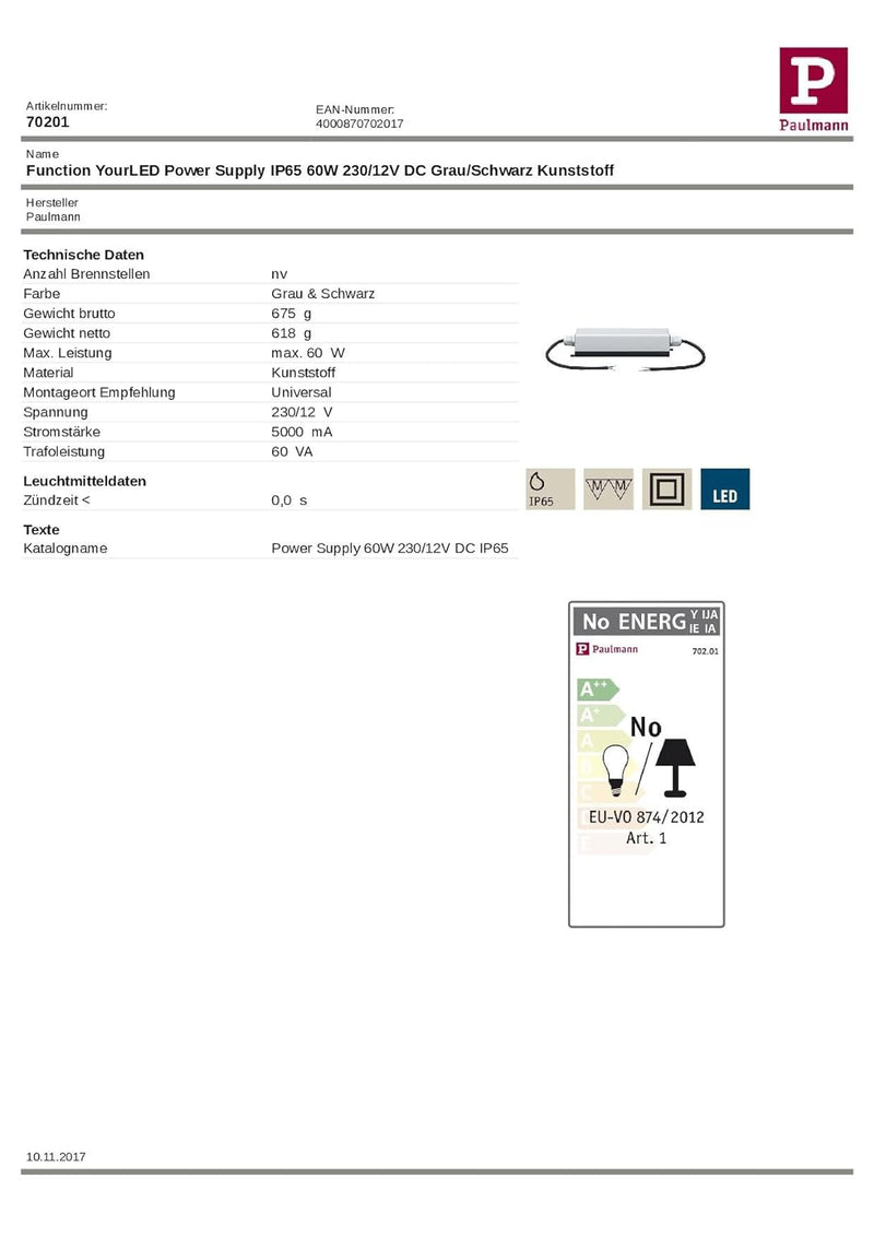 Paulmann 702.01 Function YourLED Power Supply IP65 60W 230/12V Niedervolt DC Grau/Schwarz Kunststoff