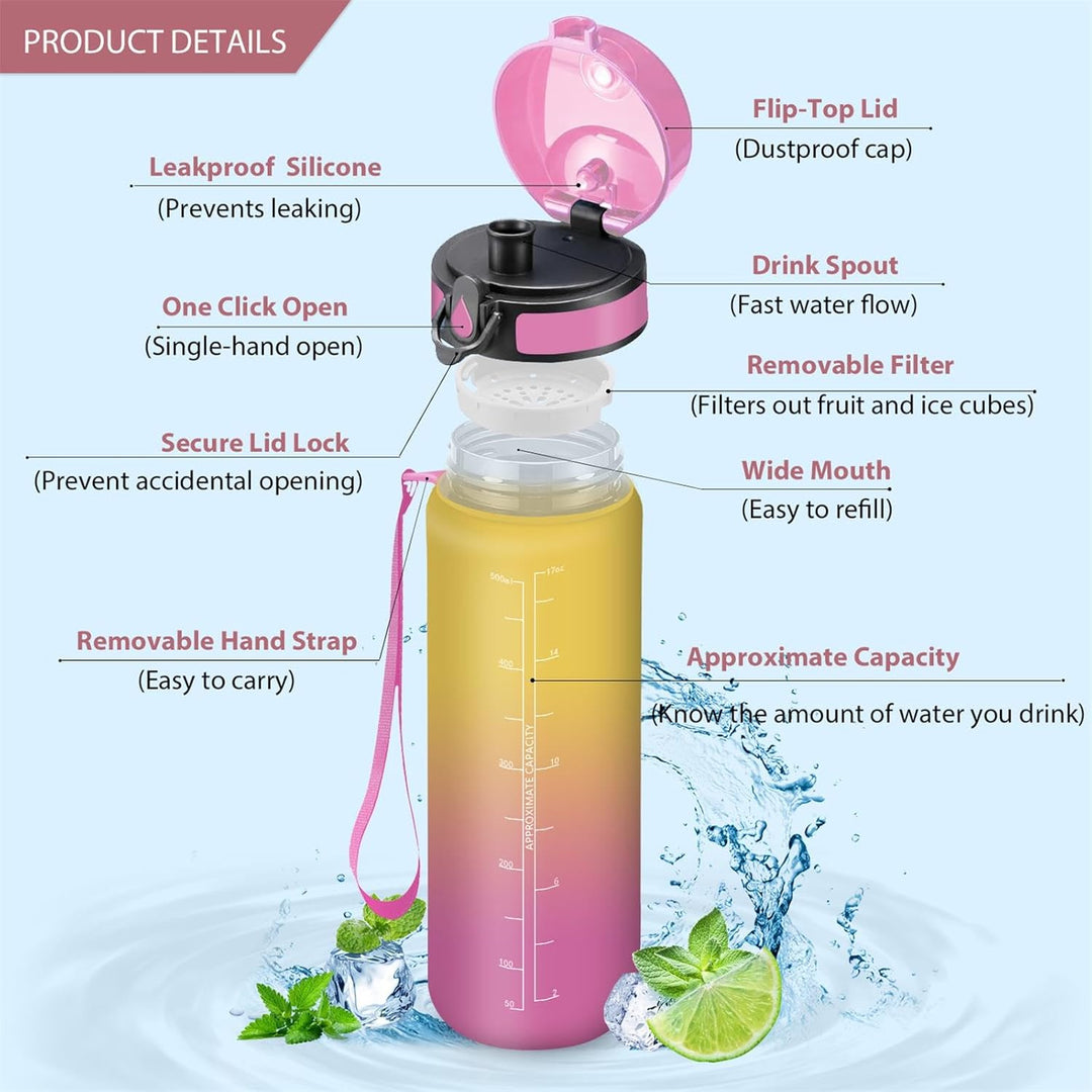 HoneyHolly Trinkflasche 0,5/1/1,5 Liter, Auslaufsicher, Trinkflasche Sport, Motivierende mit Zeitmar