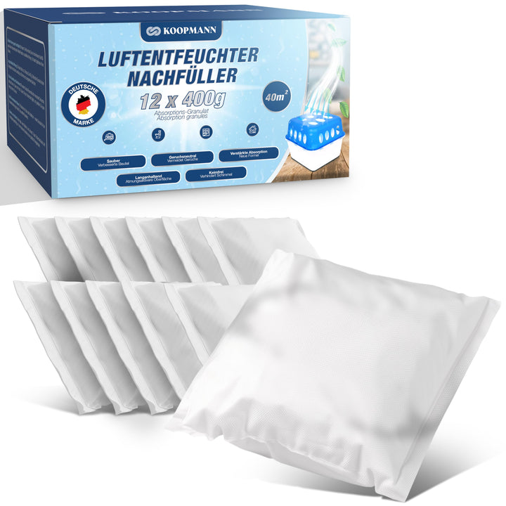 12x Luftentfeuchter Granulat 400g Nachfüllbeutel Set - Nachfüllpack für alle Luftentfeuchter Entfeuc