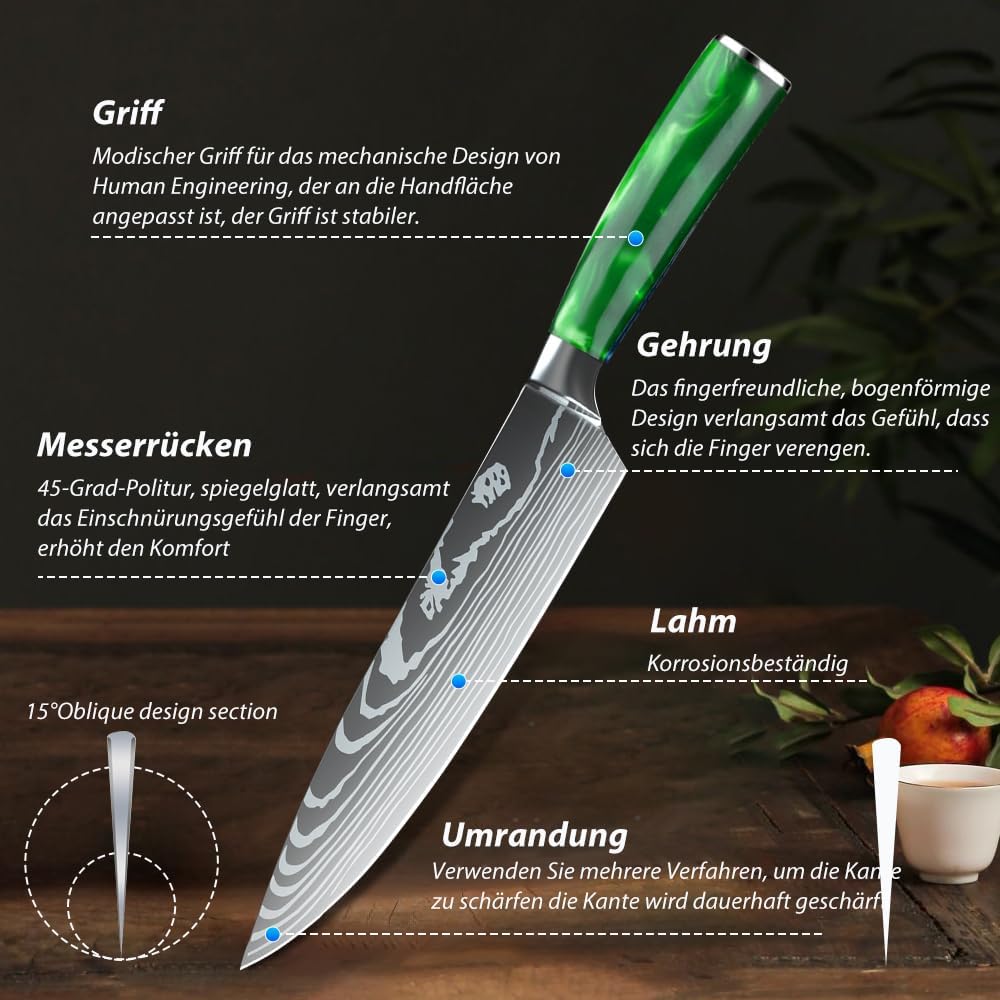 KEPEAK Messerset 8 - tlg Küchenmesser Set aus Hochwertigem Carbon Edelstahl, Ultra Scharf mit Brotme