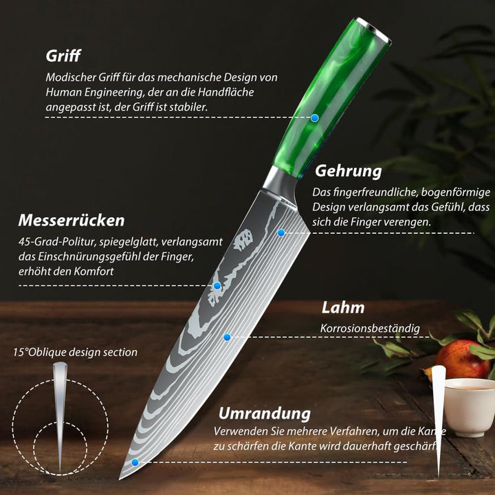 KEPEAK Messerset 8 - tlg Küchenmesser Set aus Hochwertigem Carbon Edelstahl, Ultra Scharf mit Brotme