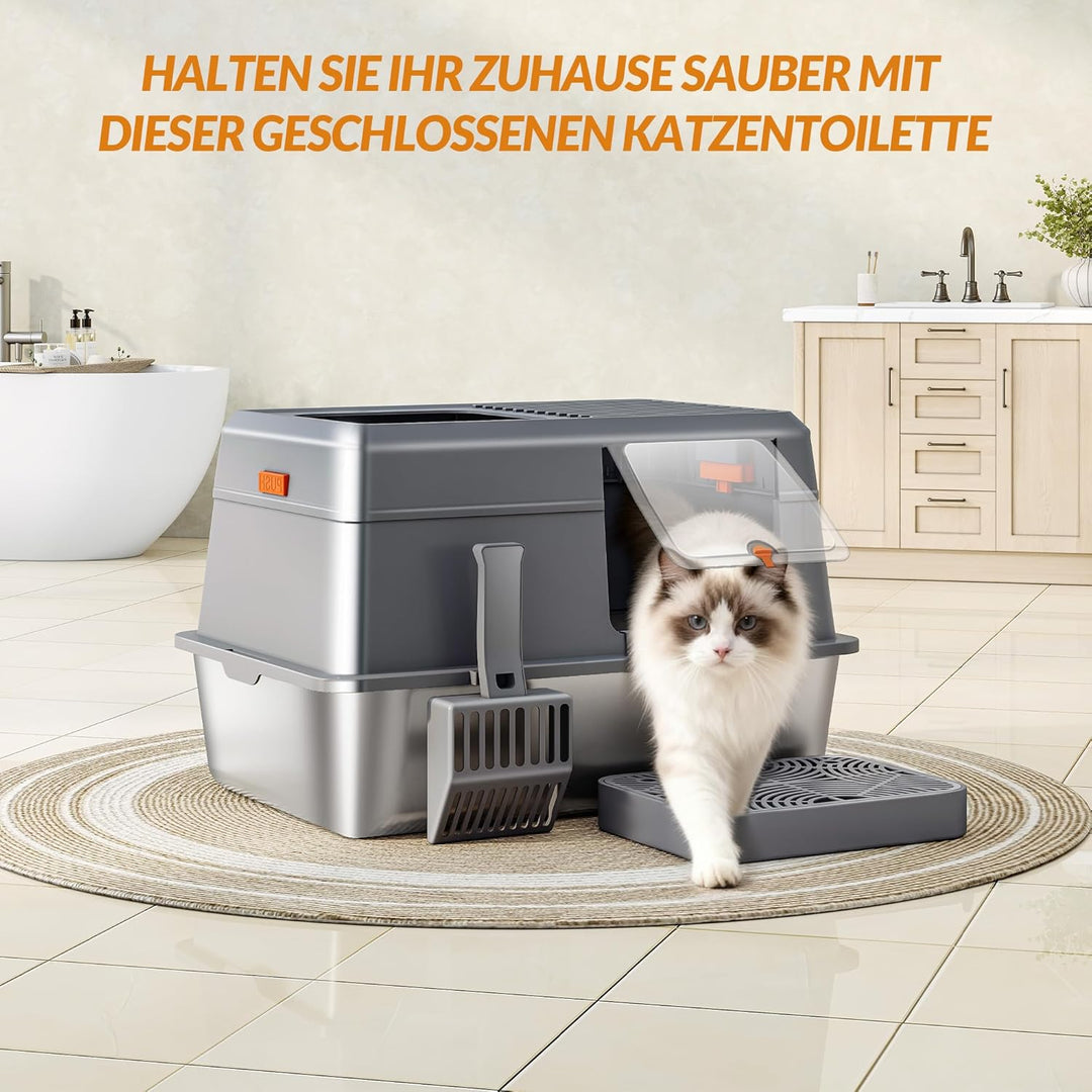Katzenklo Edelstahl mit Deckel, XXL Geschlossene Katzenklo, Katzentoilette mit Trittstufe und Schauf