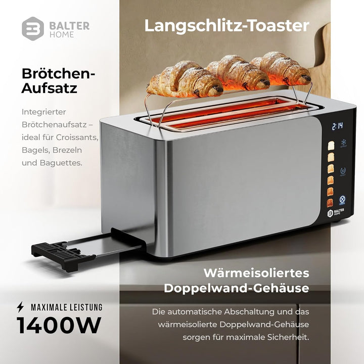 Balter Toaster 4 Scheiben, Touch Bedienung, Langschlitz, Edelstahl, Brötchenaufsatz, LCD Display Lan