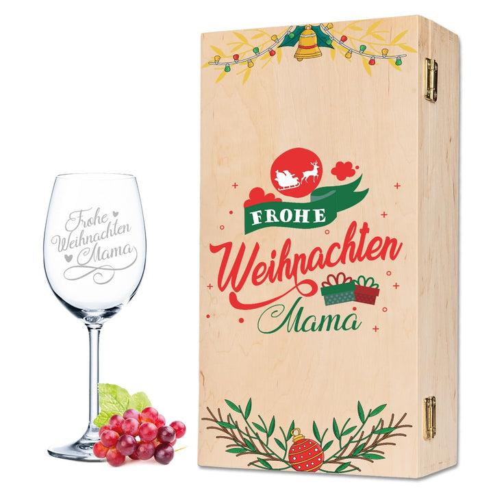 GRAVURZEILE Leonardo Weinglas mit Gravur - Frohe Weihnachten Mama - inkl. bedruckter Holzkiste - Per