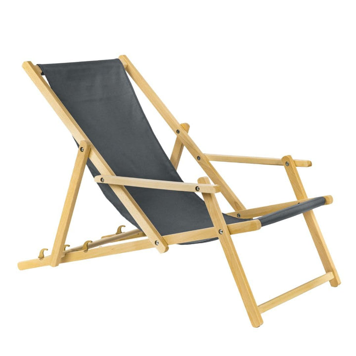 Holz Sonnenliege Strandliege Liegestuhl aus Holz 3 Stufen Klappbare Gartenliege mit Armauflagen grau