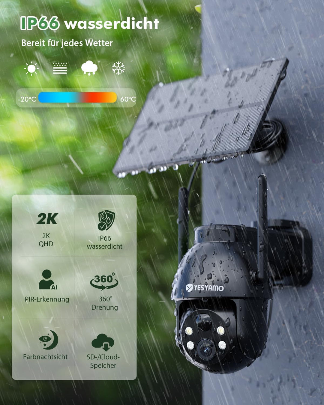 2K Überwachungskamera, WLAN, für den Aussenbereich, kabellos, Solar, 2,4 GHz, Solar-Kamera für den A