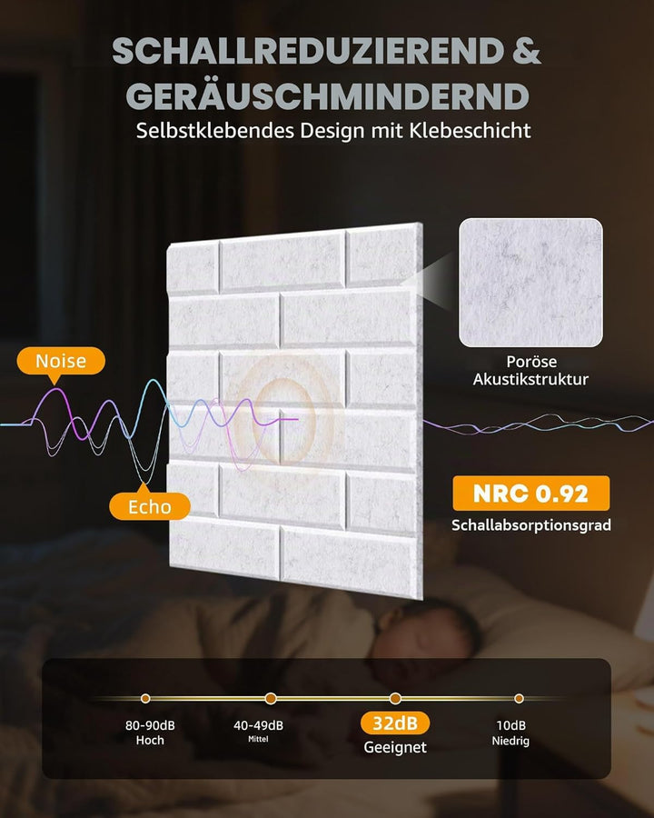 Jamelo 12 Stück Selbstklebende Akustikpaneele, 30x30x0,9cm，3D Hochdichte Ziegelstein-Akustikpaneele，