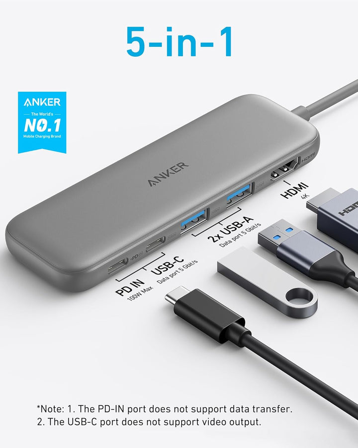 Anker USB C Hub, 332 USB-C Hub (5-in-1) mit 4K HDMI Display, 5Gbps Datenanschluss und 2 USB-A Ports